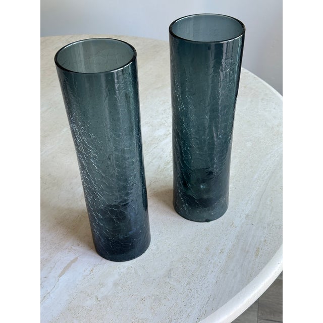 Blenko Tall Crackle Glass Hurricane Candle Holders Slate Blue - Pair For Sale - Image 4 of 8