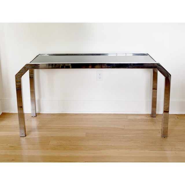 Beautiful Postmodern Chrome and Smoke Mirror Console in Style of Leon Rosen for Pace or Mil Baughman. The chamfered...