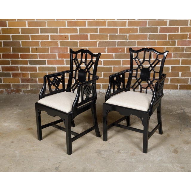 Pair of English Chinese Chippendale Style Black Lacquered Armchairs, circa 1950 For Sale - Image 11 of 12