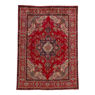 Vintage Persian Tabriz Handmade Wool Red Floral Rug For Sale