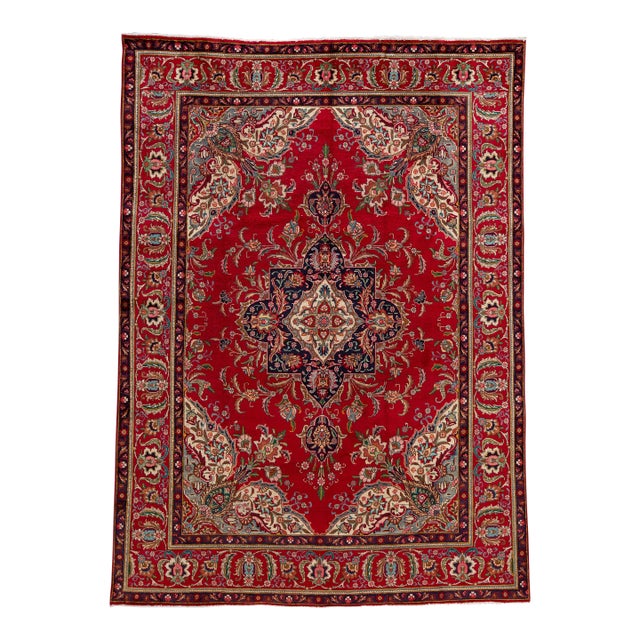Vintage Persian Tabriz Handmade Wool Red Floral Rug For Sale