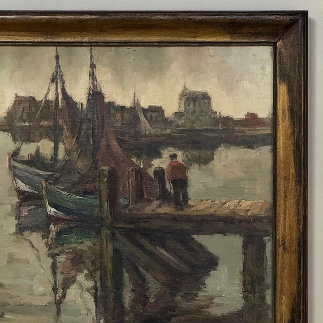 Gray Antique Framed Oil Painting on Canvas by A. Sengier (1886-1964) 'Sailboats at the Quay' For Sale - Image 8 of 16