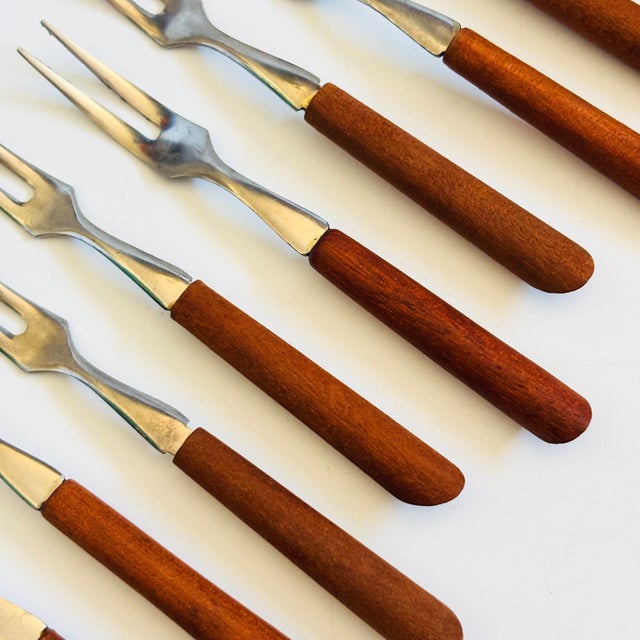 Mid 20th Century Mid Century Modern Stainless Steel With Wood Handles Cocktail Forks - Set of 9 For Sale - Image 4 of 6