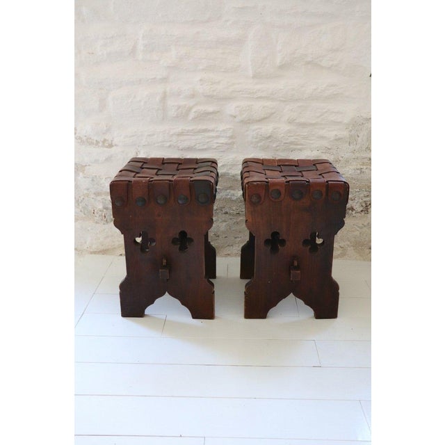 Vintage Brutalist Wood and Leather Stools, 1950s, Set of 2 For Sale - Image 10 of 12