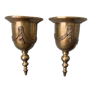 Mid 20th Century Large Solid Antique Brass Wall Brackets With Swags, A Pair For Sale