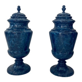 Pair of 1940s Italian Faux Lapis Painted Wood Urns, Venetian Style For Sale