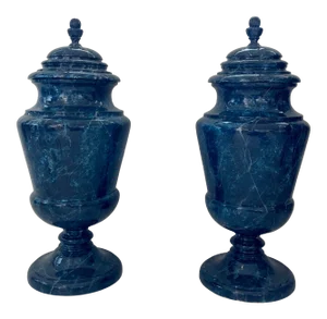 Pair of 1940s Italian Faux Lapis Painted Wood Urns, Venetian Style