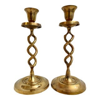 Vintage Brass Open Barley Twist Candlestick Holders - A Pair For Sale