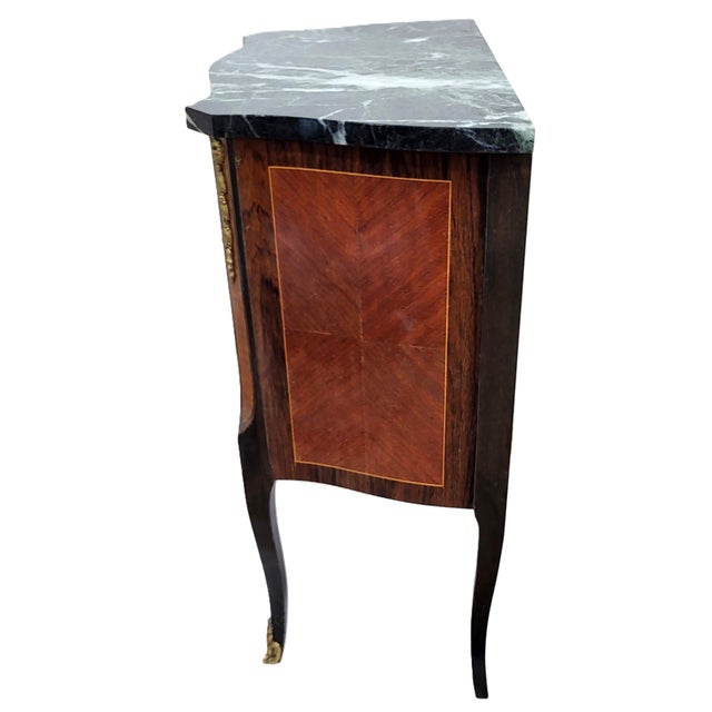 French Antique French Louis XV Style Bronze & Inlaid Verde Marble Top Nighstand Chest For Sale - Image 3 of 14