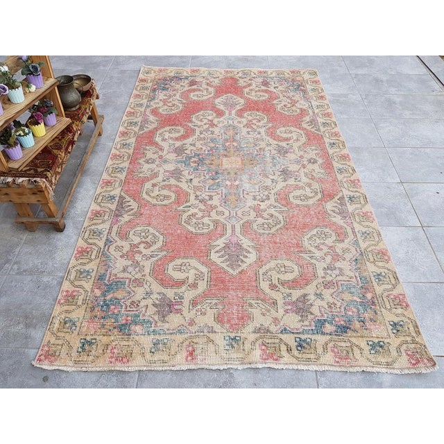 Pink Turkish Nomadic Pastel Wool Aztec Oushak Rug, 1960s For Sale - Image 8 of 8