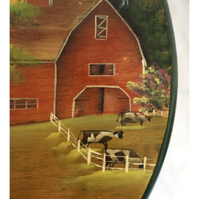 Farmhouse 1994 Signed American Folk Art Hand-Painted Farm Scene Wood Counter Stool For Sale - Image 3 of 7