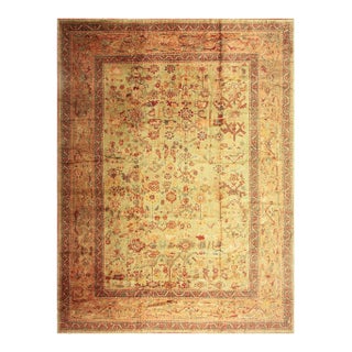 1890s Green Grand Scale Botanical Motifs Knotted Wool Antique Oushak Turkish Rug For Sale