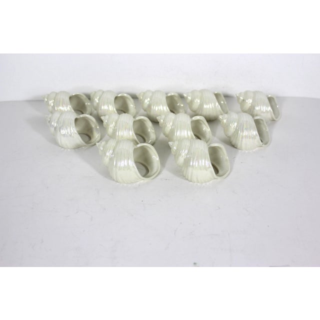 1980s Iridescent Ceramic Snail Shell Napkin Rings- Set of 11 For Sale - Image 5 of 11