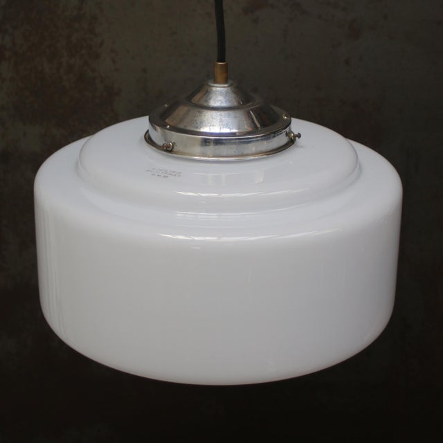 1920s Opaline glass pendant light with nickel plated brass gallery by Philips, Holland 2 meter / 80" black cotton wire...