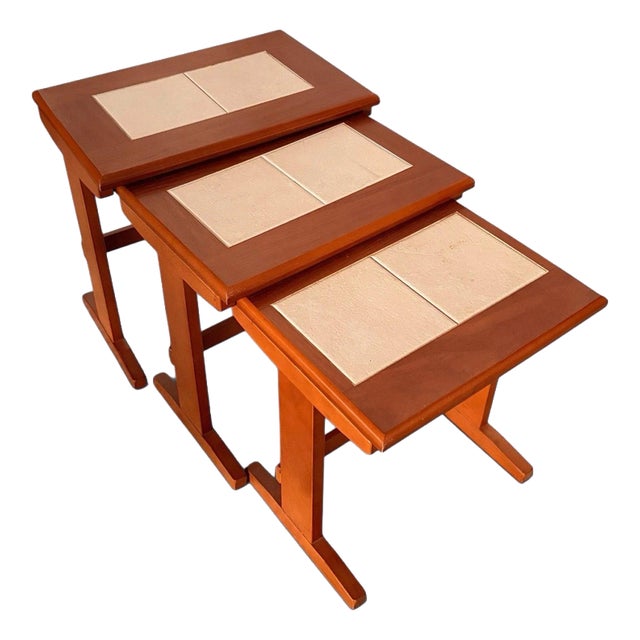 Mid-Century Teak and Cream Tile Nest of Three Tables Compact, 1960s, Set of 3 For Sale