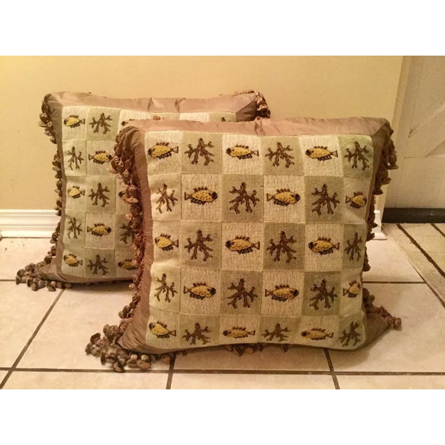 Gold Custom Tailored Beachy Silk Tassel Trim Tapestry Pillows - a Pair For Sale - Image 8 of 9