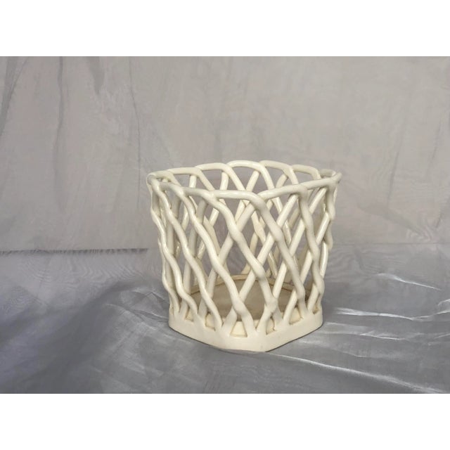 Contemporary Vintage Woven Lattice Decorative Ceramic Basket Napkin Holder For Sale - Image 3 of 10
