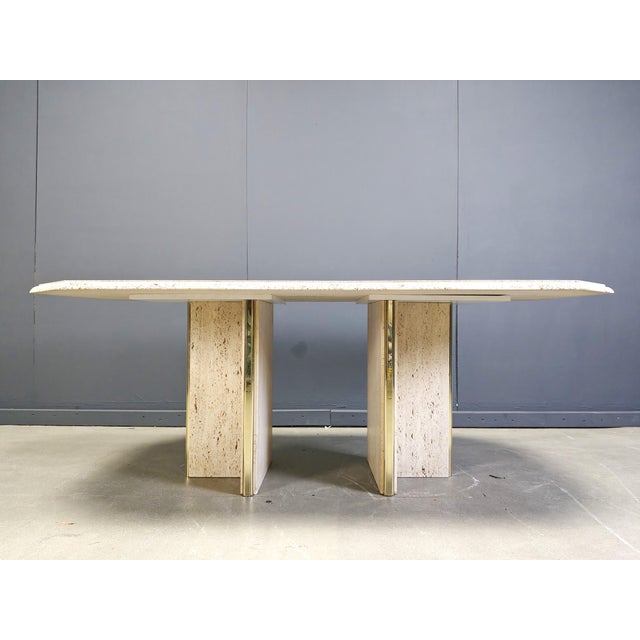 Hollywood Regency Vintage Italian Travertine and Brass Dining Table, 1970s For Sale - Image 3 of 7