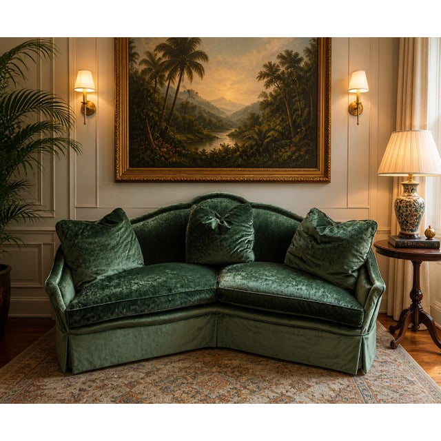 A stunning Baker Furniture corner conversation sofa upholstered in sumptuous crushed emerald green velvet. The serpentine...