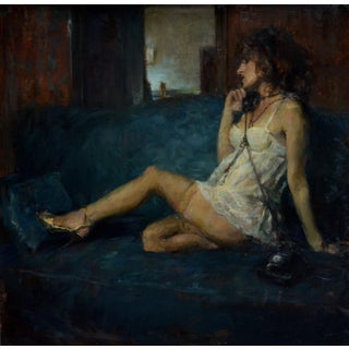 On the Phone by Ron Hicks | Oil Painting of a woman sitting on a couch with a telephone For Sale