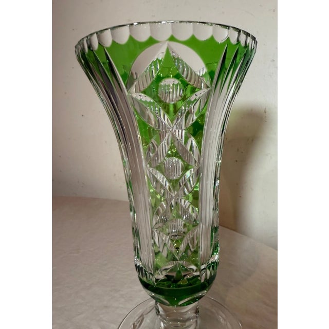 Vintage Handmade Green Czech Cut to Clear Crystal Glass Tall Ornate Flower Vase For Sale - Image 4 of 10