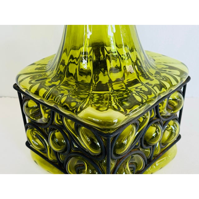 Vintage 1960s Olive Green Glass and Iron Cased Square Vase For Sale - Image 4 of 5