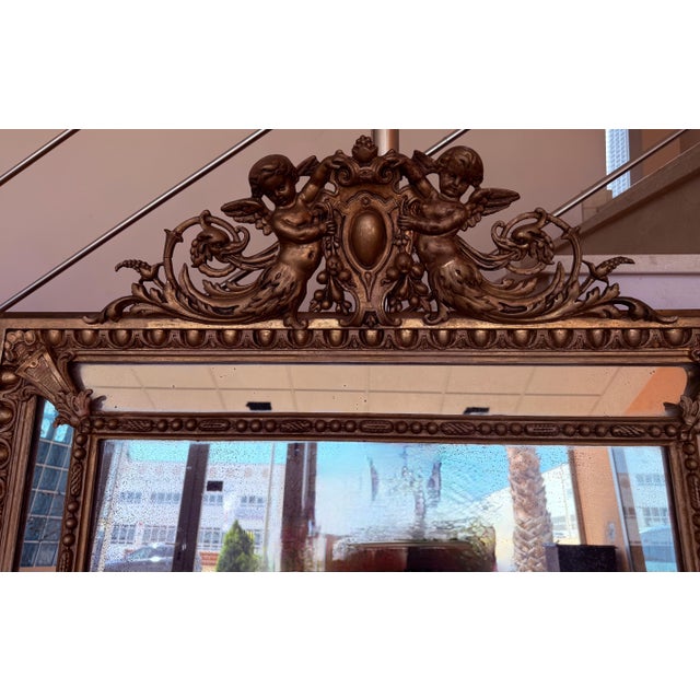 French Provincial French 19th Century Large Vertical Gold Gilt Mirror with Cherub crest For Sale - Image 3 of 18