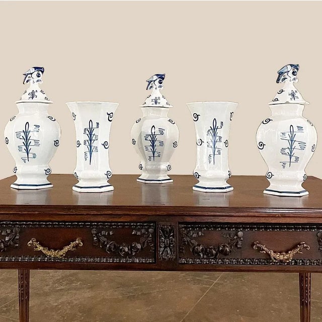 Rustic European Set of Five 18th Century Hand-Painted Delft Vases Including 3 Lidded Urns For Sale - Image 3 of 13