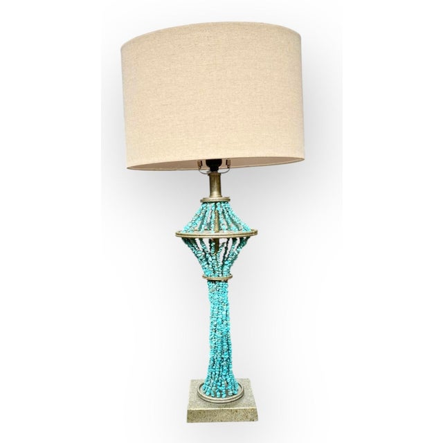Rustic Hand Strung Simulated Turquoise Strands Table Lamp With Linen Shade For Sale - Image 3 of 11