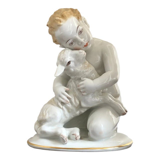Circa 1930 Rosenthal Germany Cherub With Lamb Porcelain Sculpture For Sale