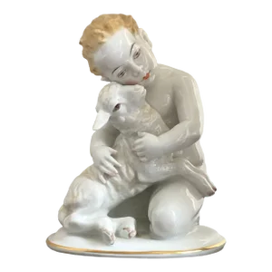 Circa 1930 Rosenthal Germany Cherub With Lamb Porcelain Sculpture