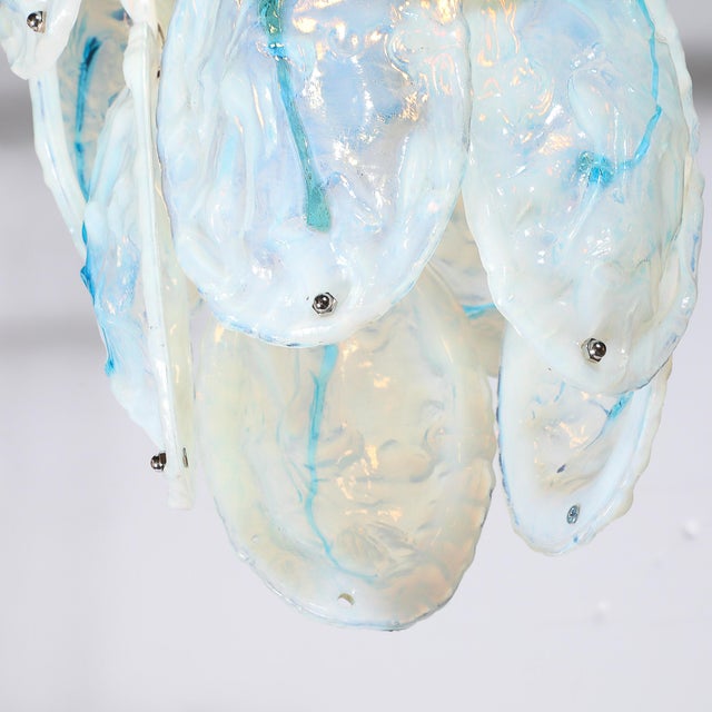 1960s Mid-Century Hand-Blown Murano Opalescent & Cerulean Detail Glass Chandelier For Sale - Image 5 of 18