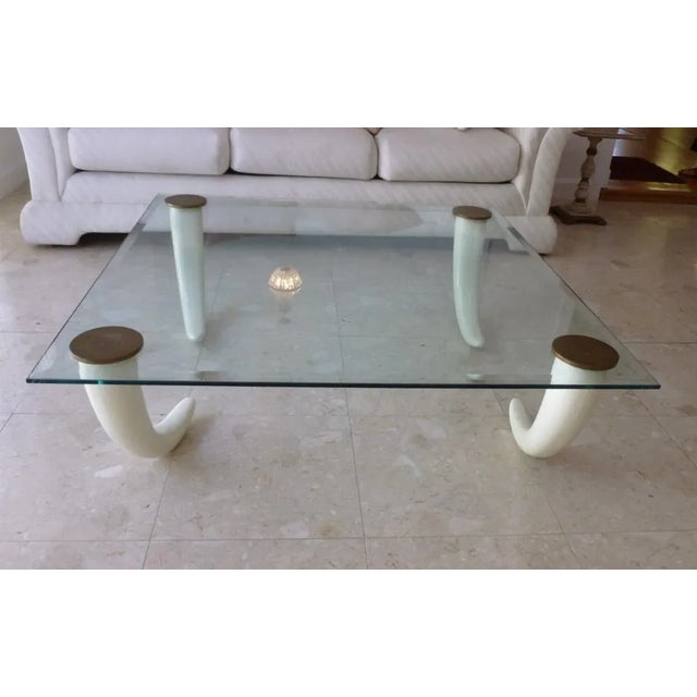 White 1970's Glass Coffee Table With Faux Tusk Legs and Brass Caps For Sale - Image 8 of 10
