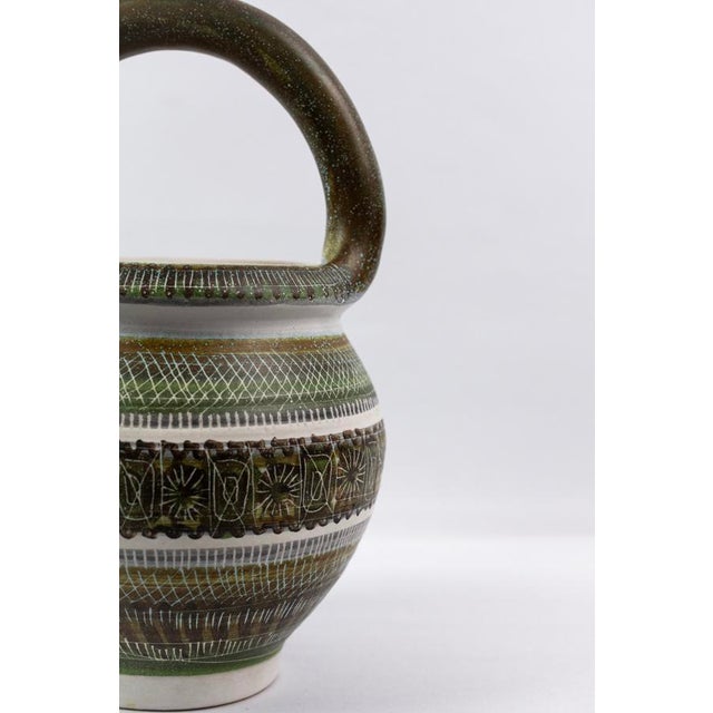 Large Mid-Century Green and Brown Glazed Ceramic Vase with Handle by Marcel Guillot for Salon des Ateliers d'Art, France, 1950s For Sale - Image 6 of 11