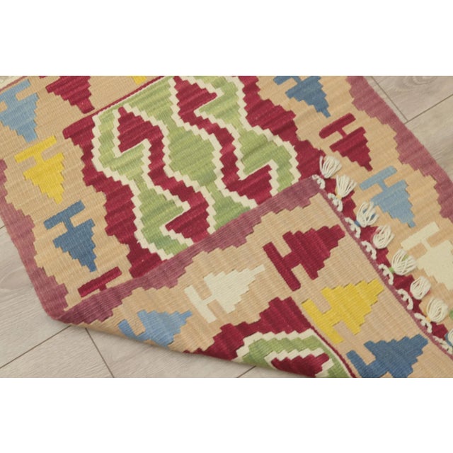 1970s Turkish Vintage Rams Horn Design Ikat Beige Hand Knotted Kilim Rug For Sale - Image 10 of 12