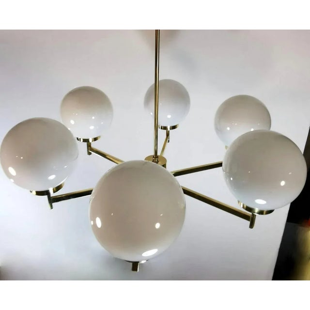 Mid-Century Modern Stilnovo Italian Vintage Brass Chandelier, Opaline Glass Spheres For Sale - Image 3 of 13