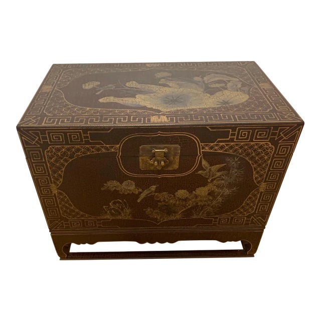 Chinoiserie Style Painted Trunk on Stand For Sale