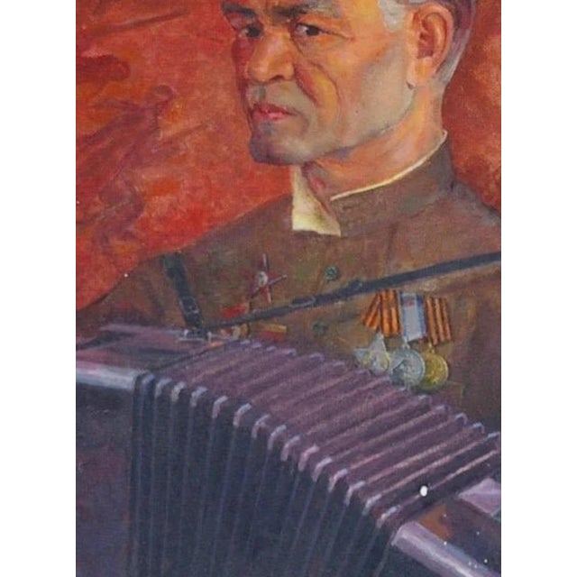 1980s Ukrainian Portrait Painting: Soldier With Accordion, Socialist Realism Art 80-59 For Sale - Image 4 of 6