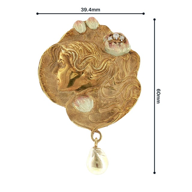 14kyg 1960's Art Nouveau Revival Enameled and Diamond Pin/ Pendant For Sale - Image 4 of 5