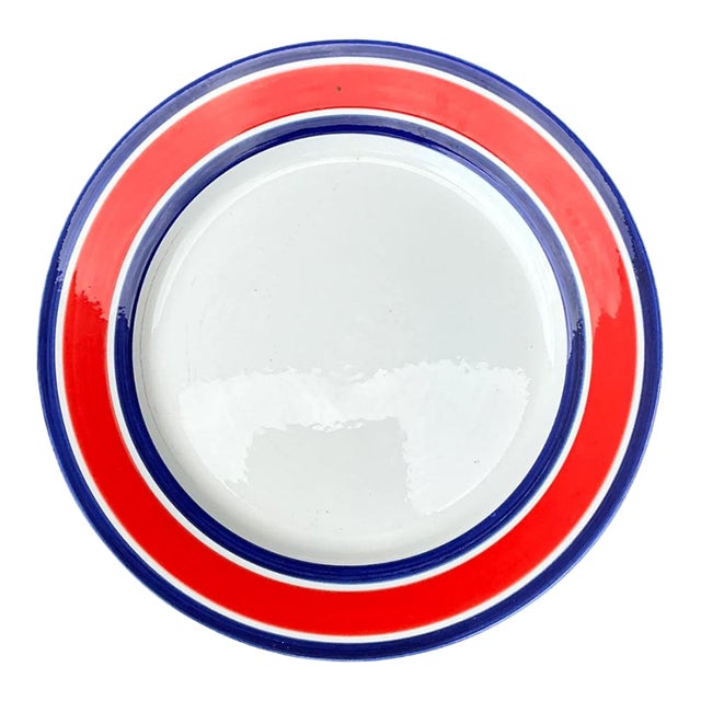 Vintage Italian Red and Blue Striped Ceramic Serving Plate For Sale