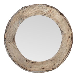 Indian Bleached Teakwood Round Mirror Constructed From an Vintage Cart Wheel For Sale