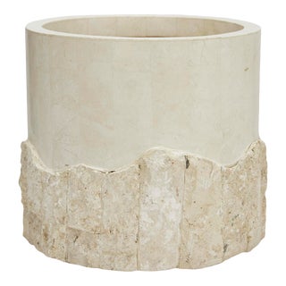 1990s Postmodern 15" Round Tessellated Rough and Smooth White Stone Planter For Sale