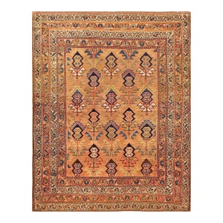 1930s Orange Peach Geometric Tribal Handknotted Antique Persian Kurdish Rug 4'6" X 5'7" Wool Carpet For Sale