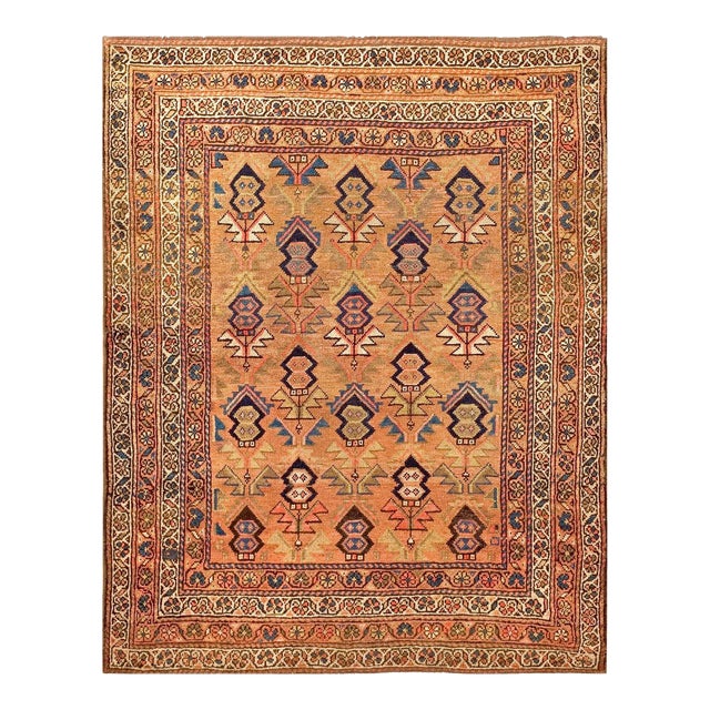 1930s Orange Peach Geometric Tribal Handknotted Antique Persian Kurdish Rug 4'6" X 5'7" Wool Carpet For Sale
