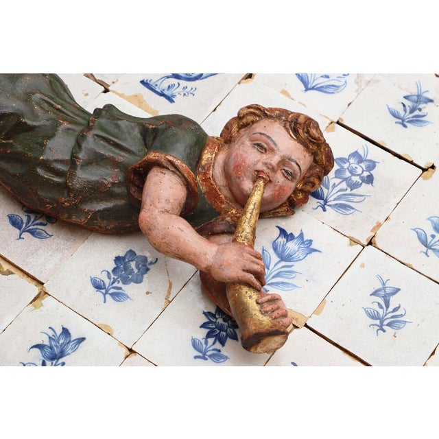 18th Century Antique Cherub Musician Playing a Golden Bugle, 18th Century, Portuguese For Sale - Image 5 of 14