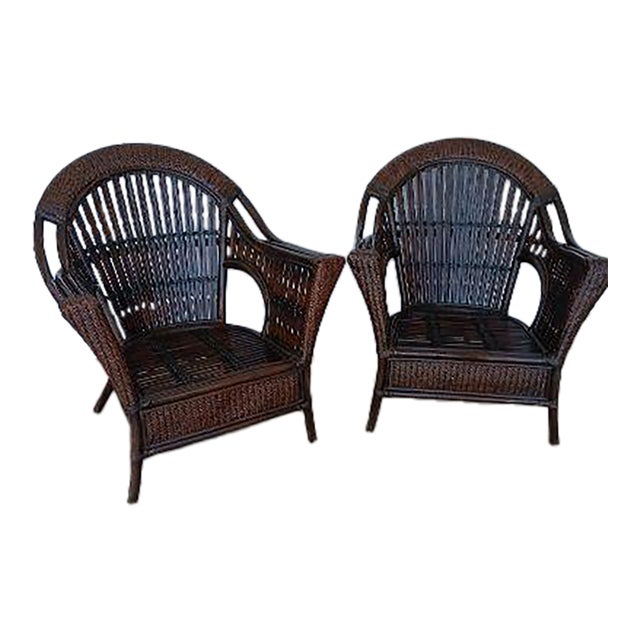 1980s Dark Brown Wicker Rattan Armchairs High Rounded Backs and Open Side Cutouts Set of 2 For Sale