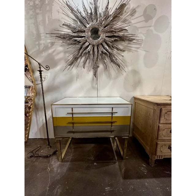 Modern Murano glass and brass designer multi-color bed side table. Perfect for todays eclectic designs.