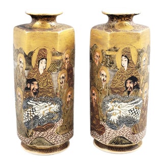Japanese Satsuma Hexagonal Vases with Dragon and Rakan, Set of 2 For Sale