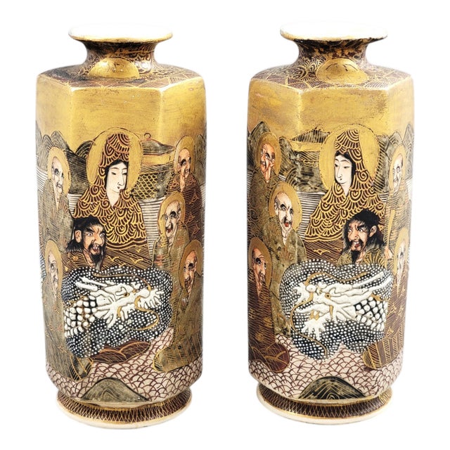 Japanese Satsuma Hexagonal Vases with Dragon and Rakan, Set of 2 For Sale