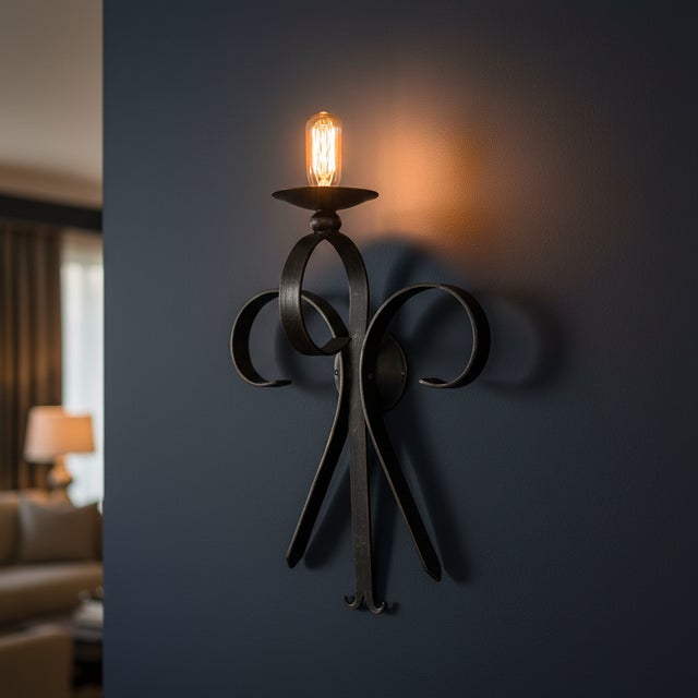 Rustic Hand-Forged Wrought Iron Wall Sconce Body (Gold Patina Scrollwork) Classical Architectural Fixture For Sale - Image 3 of 5